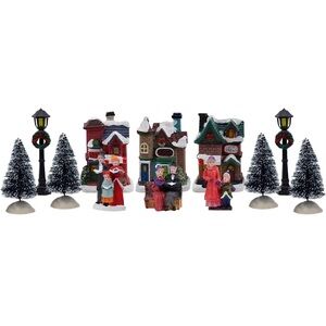 Resin Christmas Village Set with Figurines, Houses, and Accessories
